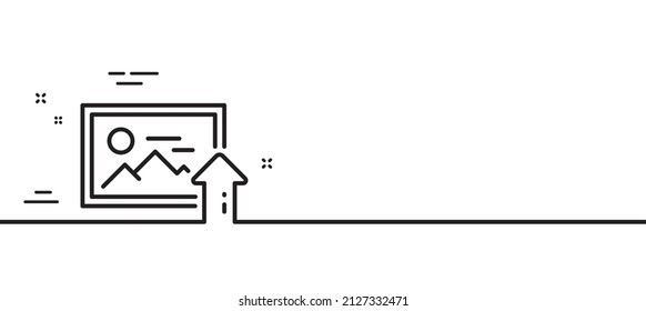 Subir el icono de la línea de fotos. Signo de miniatura de la imagen. símbolo de marcador de posición de imagen. Fondo mínimo de la ilustración de línea. Cargar banner de patrón de icono de línea de foto. Concepto de plantilla web blanca. Vector