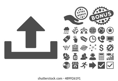 Upload pictograph with bonus design elements. Vector illustration style is flat iconic symbols, gray color, white background.