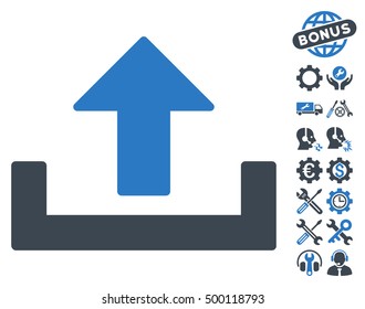 Upload pictograph with bonus settings images. Vector illustration style is flat iconic symbols, smooth blue colors, white background.