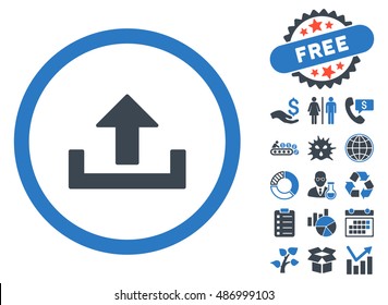 Upload pictograph with free bonus pictogram. Vector illustration style is flat iconic bicolor symbols, smooth blue colors, white background.