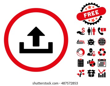 Upload pictograph with free bonus pictures. Vector illustration style is flat iconic bicolor symbols, intensive red and black colors, white background.