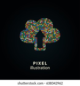 Upload - pixel icon. Vector Illustration. Design logo element. Isolated on black background. It is easy to change to any color.