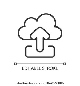 Hochladen von Pixel perfekte Linearsymbol. Versenden Ihrer persönlichen Daten an einen Remote Cloud-Server. Dünne, anpassbare Illustration. Contour-Symbol. Vektor-einzelne Rahmenzeichnung. Bearbeitbarer Hub