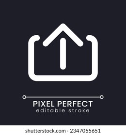 Upload pixel perfect white linear ui icon for dark theme. Send file via messenger. Vector line pictogram. Isolated user interface symbol for night mode. Editable stroke. Poppins font used
