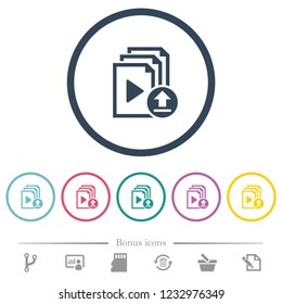 Upload playlist flat color icons in round outlines. 6 bonus icons included.