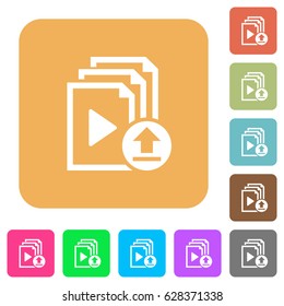 Upload playlist flat icons on rounded square vivid color backgrounds.