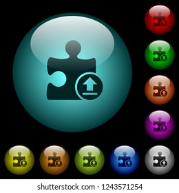 Upload plugin icons in color illuminated spherical glass buttons on black background. Can be used to black or dark templates