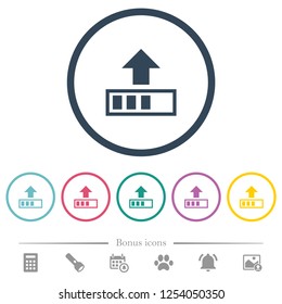 Upload in progress flat color icons in round outlines. 6 bonus icons included.