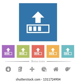Upload in progress flat white icons in square backgrounds. 6 bonus icons included.