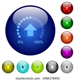 Upload in progress icons on round glass buttons in multiple colors. Arranged layer structure