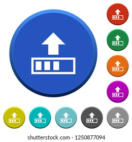 Upload in progress round color beveled buttons with smooth surfaces and flat white icons