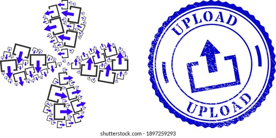 Upload rotation bang, and blue round UPLOAD unclean stamp print with icon inside. Element flower with 4 petals created from oriented upload items. Vector flower collage in flat style.