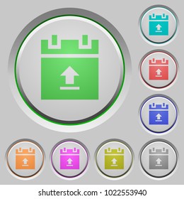 Upload schedule data engraved icons on rounded square glossy steel buttons