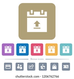 Upload schedule data white flat icons on color rounded square backgrounds. 6 bonus icons included