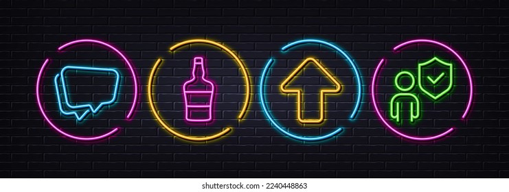 Upload, Scotch bottle and Speech bubble minimal line icons. Neon laser 3d lights. Security icons. For web, application, printing. Load arrowhead, Brandy alcohol, Chat message. Body guard. Vector