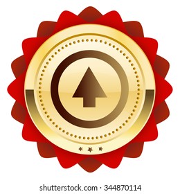 Upload seal or icon with arrow symbol. Glossy golden seal or button.