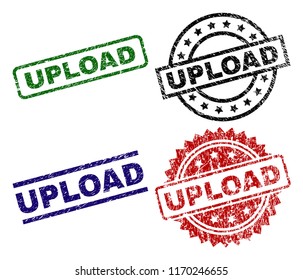 UPLOAD seal stamps with corroded style. Black, green,red,blue vector rubber prints of UPLOAD title with corroded style. Rubber seals with round, rectangle, medal shapes.