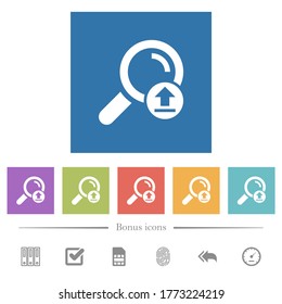 Subir los resultados de la búsqueda iconos blancos planos en fondos cuadrados. 6 iconos de bonificación incluidos.