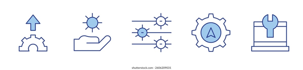 upload, settings, setting. Settings Icon vector illustration. Line Duotone style. Editable stroke.