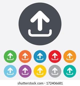 Upload sign icon. Upload button. Load symbol. Round colourful 11 buttons. Vector