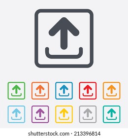 Upload sign icon. Upload button. Load symbol. Round squares buttons with frame. Vector