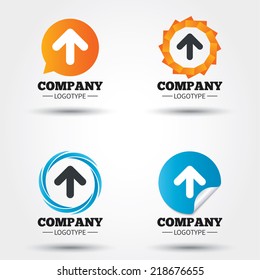 Upload sign icon. Upload button. Load symbol. Business abstract circle logos. Icon in speech bubble, wreath. Vector