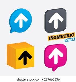 Upload sign icon. Upload button. Load symbol. Isometric speech bubbles and cube. Rotated icons with edges. Vector