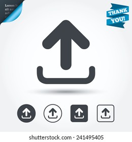 Upload sign icon. Upload button. Load symbol. Circle and square buttons. Flat design set. Thank you ribbon. Vector