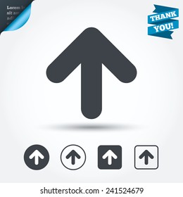 Upload sign icon. Upload button. Load symbol. Circle and square buttons. Flat design set. Thank you ribbon. Vector