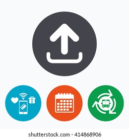 Upload sign icon. Upload button. Load symbol. Mobile payments, calendar and wifi icons. Bus shuttle.