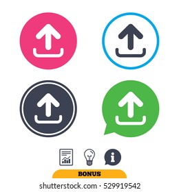 Upload sign icon. Load data symbol. Report document, information sign and light bulb icons. Vector