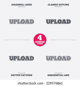 Upload sign icon. Load symbol. Diagonal and horizontal lines, classic outline, dotted texture. Pattern design icons.  Vector