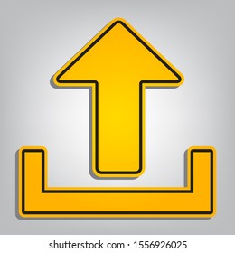 Upload sign illustration. Flat orange icon with overlapping linear black icon with gray shadow at whitish background. Illustration.