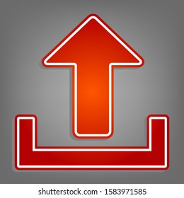 Upload sign illustration. Flat red icon with linear white icon with gray shadow at grayish background. Illustration.