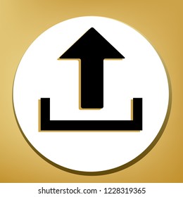 Upload sign illustration. Vector. Black icon with light brown shadow in white circle with shaped ring at golden background.