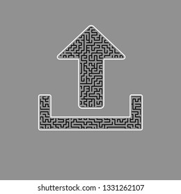 Upload sign illustration. Vector. Black maze filled icon with white border at gray background.