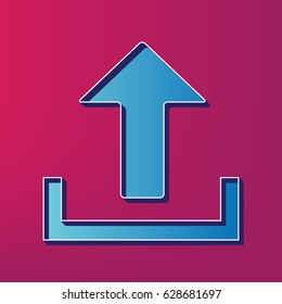 Upload sign illustration. Vector. Blue 3d printed icon on magenta background.