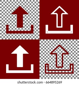 Upload sign illustration. Vector. Bordo and white icons and line icons on chess board with transparent background.