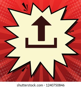 Upload sign illustration. Vector. Dark red icon in lemon chiffon shutter bubble at red popart background with rays.