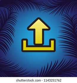 Upload sign illustration. Vector. Golden icon with black contour at blue background with branches of palm trees.