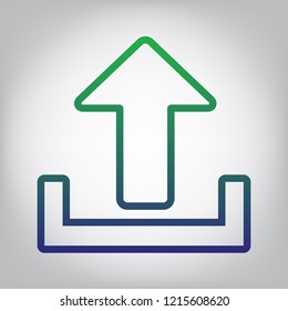Upload sign illustration. Vector. Green to blue gradient contour icon at grayish background with light in center.