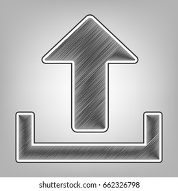Upload sign illustration. Vector. Pencil sketch imitation. Dark gray scribble icon with dark gray outer contour at gray background.