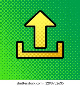 Upload sign illustration. Vector. Pop art orange to yellow dots-gradient icon with black contour at greenish background.