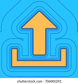 Upload sign illustration. Vector. Sand color icon with black contour and equidistant blue contours like field at sky blue background. Like waves on map - island in ocean or sea.