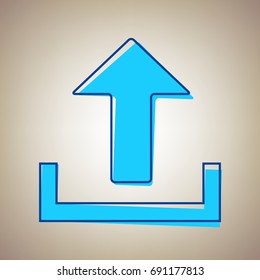 Upload sign illustration. Vector. Sky blue icon with defected blue contour on beige background.