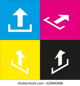 Upload sign illustration. Vector. White icon with isometric projections on cyan, magenta, yellow and black backgrounds.