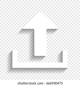 Upload sign illustration. Vector. White icon with soft shadow on transparent background.