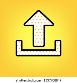 Upload sign illustration. Vector. Yellow polka dot white icon with black contour at warm yellow background.