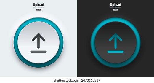 Upload sign. A set of black and white push buttons with upload symbols. Upload icon. 3D Neumorphism design style for Apps, Websites, Interfaces, and mobile apps. UI UX. Vector illustration.