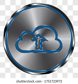 Upload simple icon vector on metal round button. Transparent grid